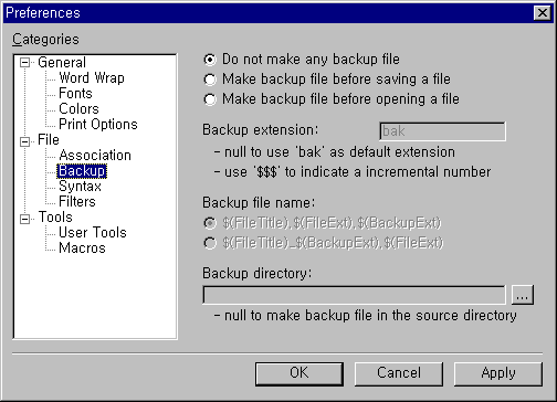 Backup preferences page