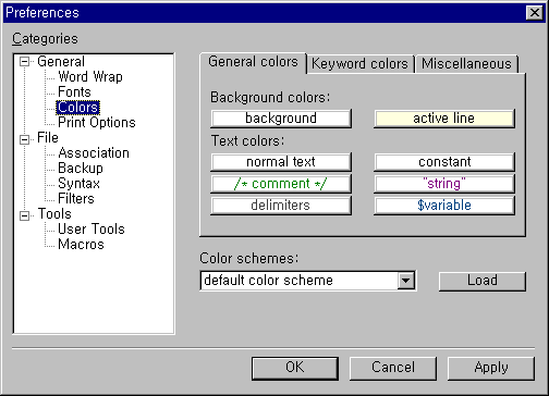 Colors preferences page