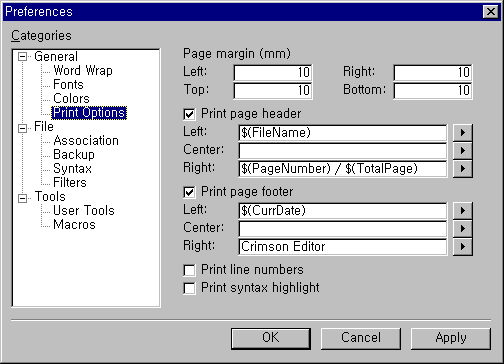 Print Options preferences page