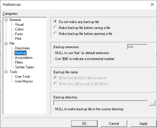 Backup preferences page