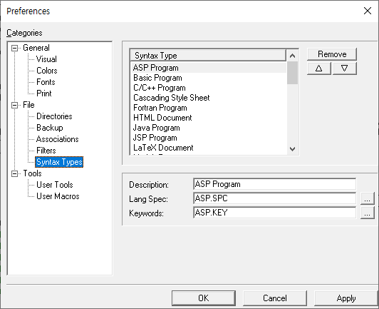 Syntax Types preferences page