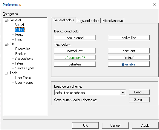 Colors preferences page