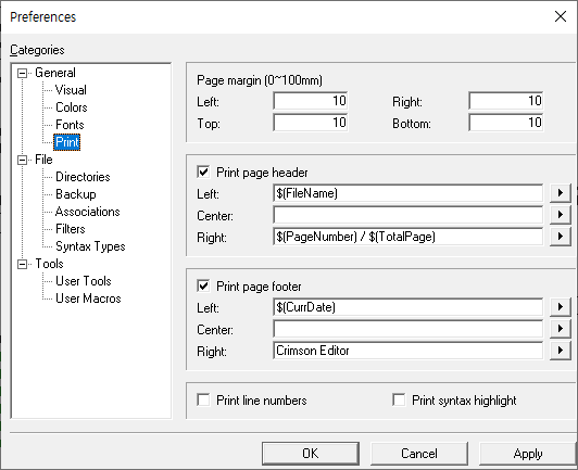 Print preferences page
