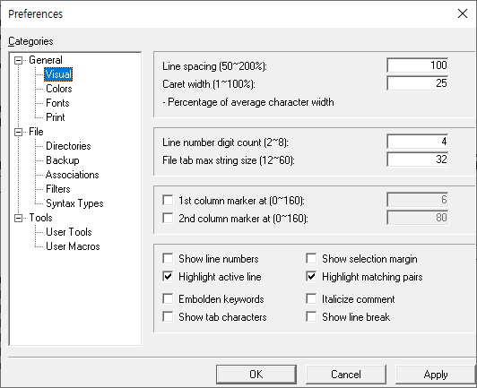 Visual preferences page